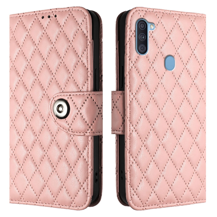 For Samsung Galaxy A11 EU Rhombic Texture Flip Leather Phone Case with Lanyard