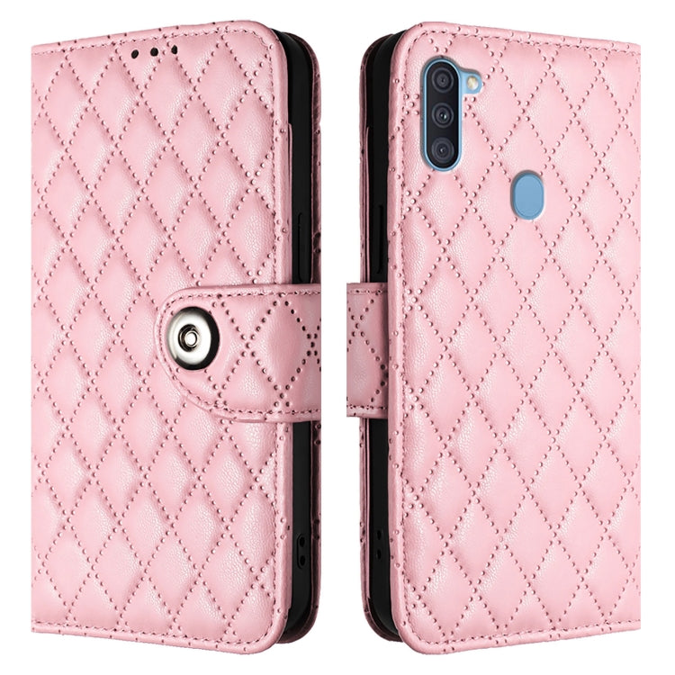 For Samsung Galaxy A11 EU Rhombic Texture Flip Leather Phone Case with Lanyard