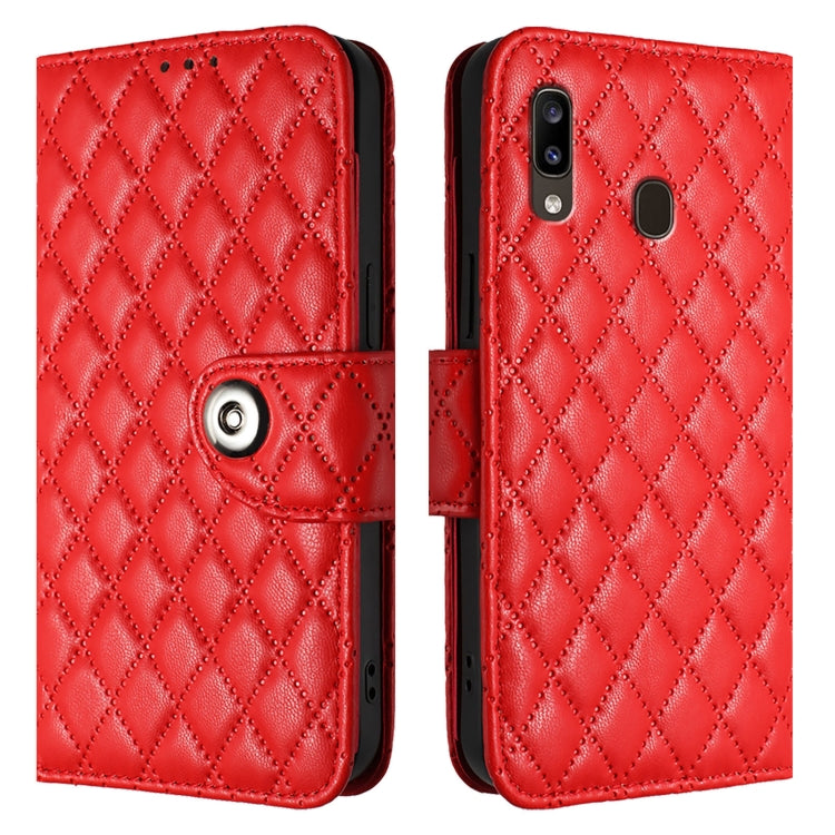 For Samsung Galaxy A20 / A30 / M10s Rhombic Texture Flip Leather Phone Case with Lanyard