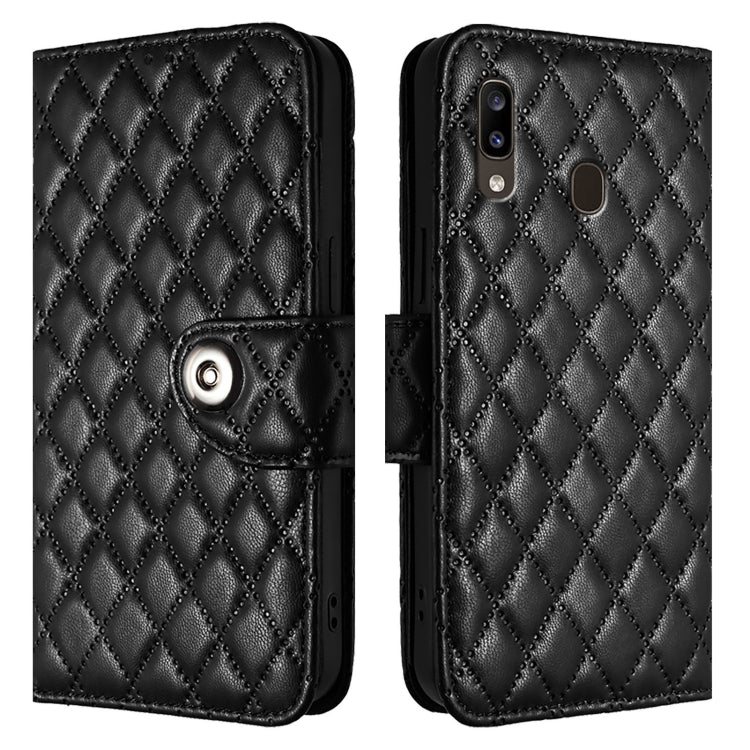 For Samsung Galaxy A20 / A30 / M10s Rhombic Texture Flip Leather Phone Case with Lanyard