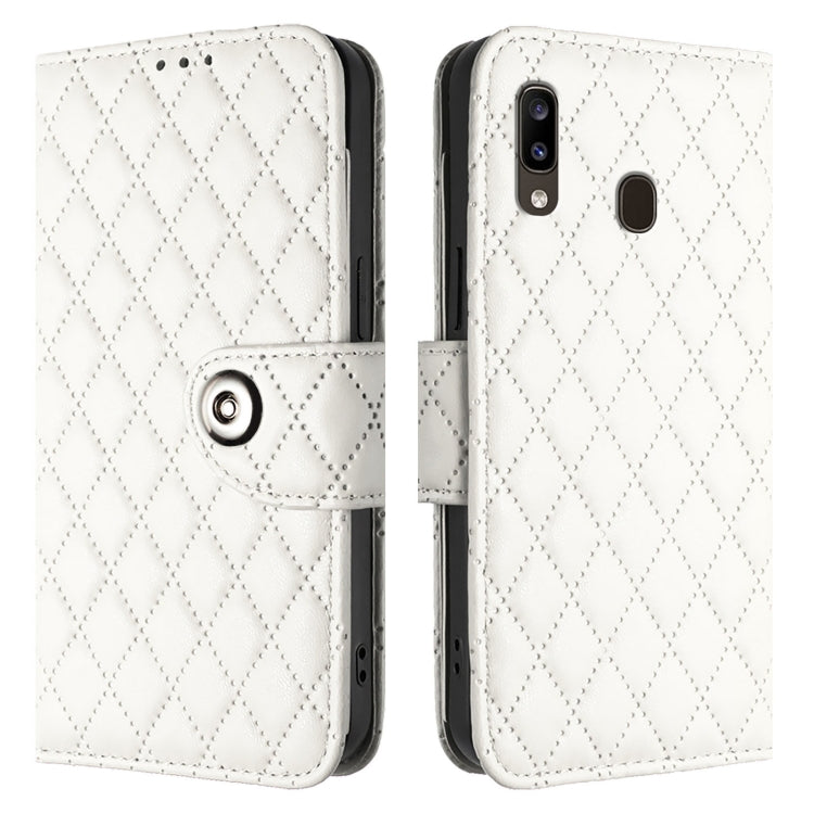 For Samsung Galaxy A20 / A30 / M10s Rhombic Texture Flip Leather Phone Case with Lanyard