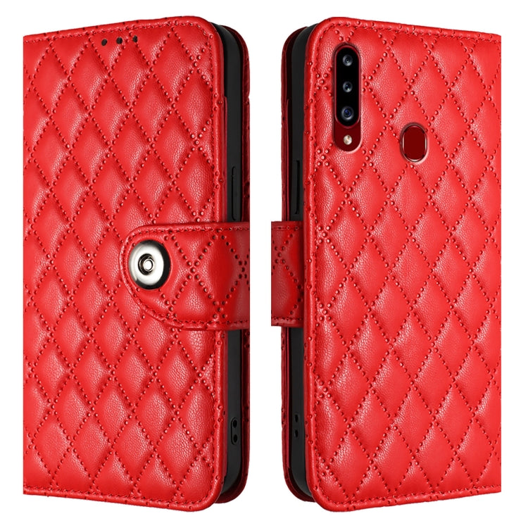 For Samsung Galaxy A20s Rhombic Texture Flip Leather Phone Case with Lanyard