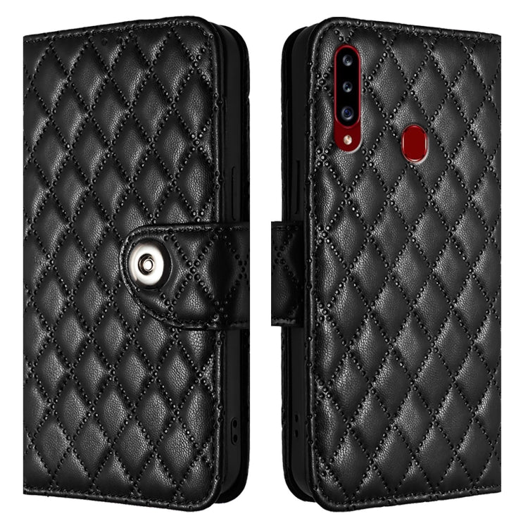 For Samsung Galaxy A20s Rhombic Texture Flip Leather Phone Case with Lanyard