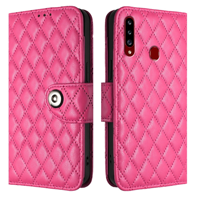 For Samsung Galaxy A20s Rhombic Texture Flip Leather Phone Case with Lanyard