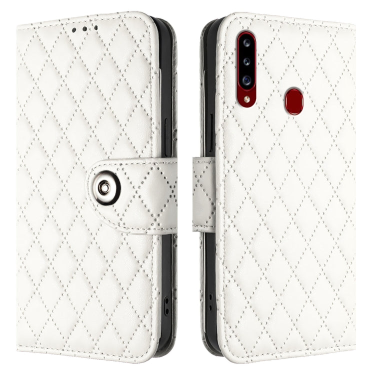 For Samsung Galaxy A20s Rhombic Texture Flip Leather Phone Case with Lanyard