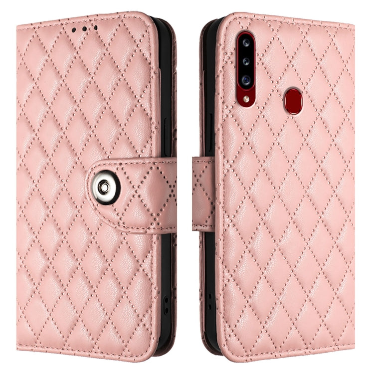 For Samsung Galaxy A20s Rhombic Texture Flip Leather Phone Case with Lanyard