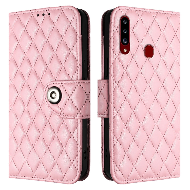 For Samsung Galaxy A20s Rhombic Texture Flip Leather Phone Case with Lanyard