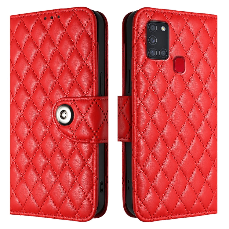 For Samsung Galaxy A21s Rhombic Texture Flip Leather Phone Case with Lanyard