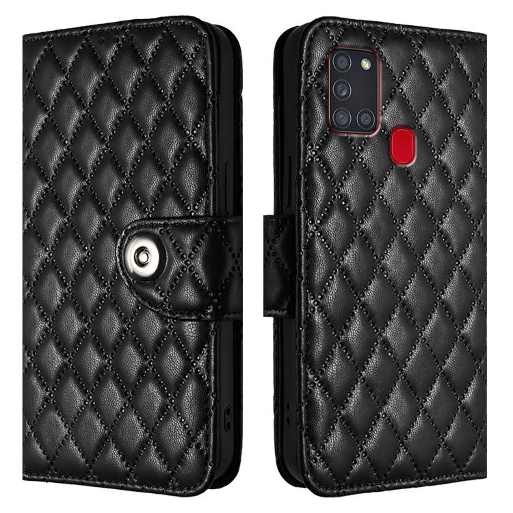 For Samsung Galaxy A21s Rhombic Texture Flip Leather Phone Case with Lanyard