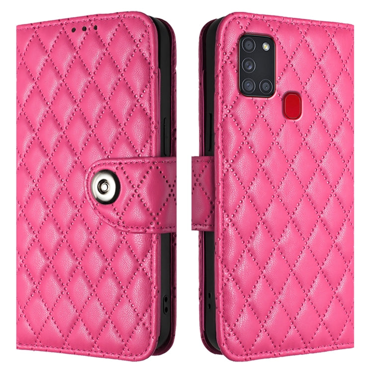 For Samsung Galaxy A21s Rhombic Texture Flip Leather Phone Case with Lanyard