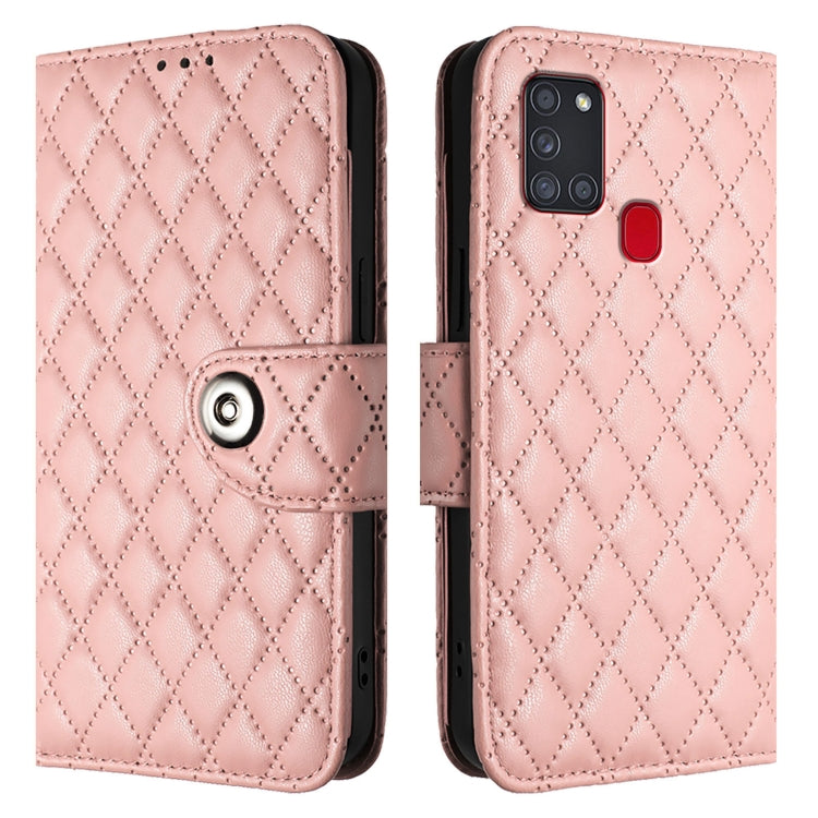 For Samsung Galaxy A21s Rhombic Texture Flip Leather Phone Case with Lanyard