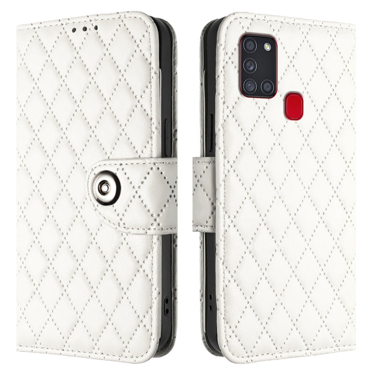 For Samsung Galaxy A21s Rhombic Texture Flip Leather Phone Case with Lanyard