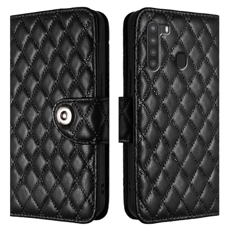 For Samsung Galaxy A21 EU Rhombic Texture Flip Leather Phone Case with Lanyard