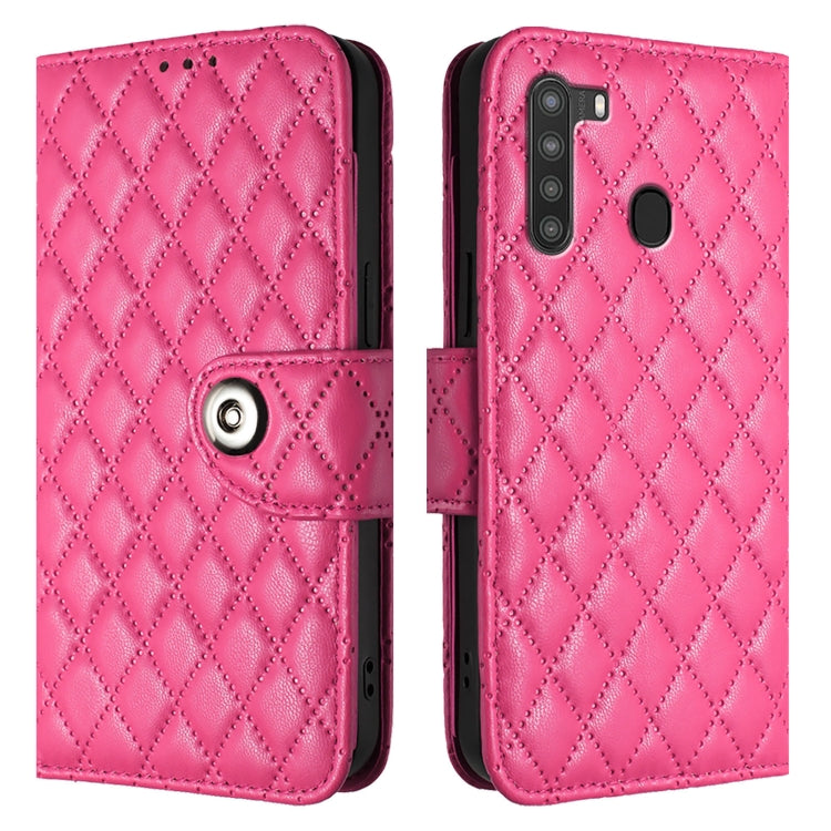 For Samsung Galaxy A21 EU Rhombic Texture Flip Leather Phone Case with Lanyard