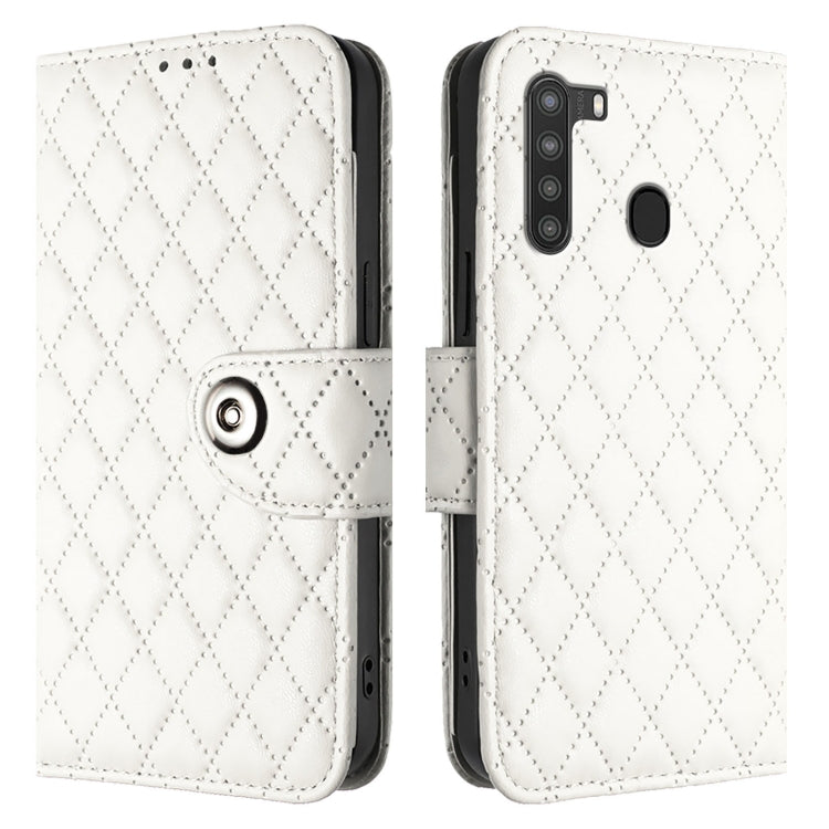 For Samsung Galaxy A21 EU Rhombic Texture Flip Leather Phone Case with Lanyard