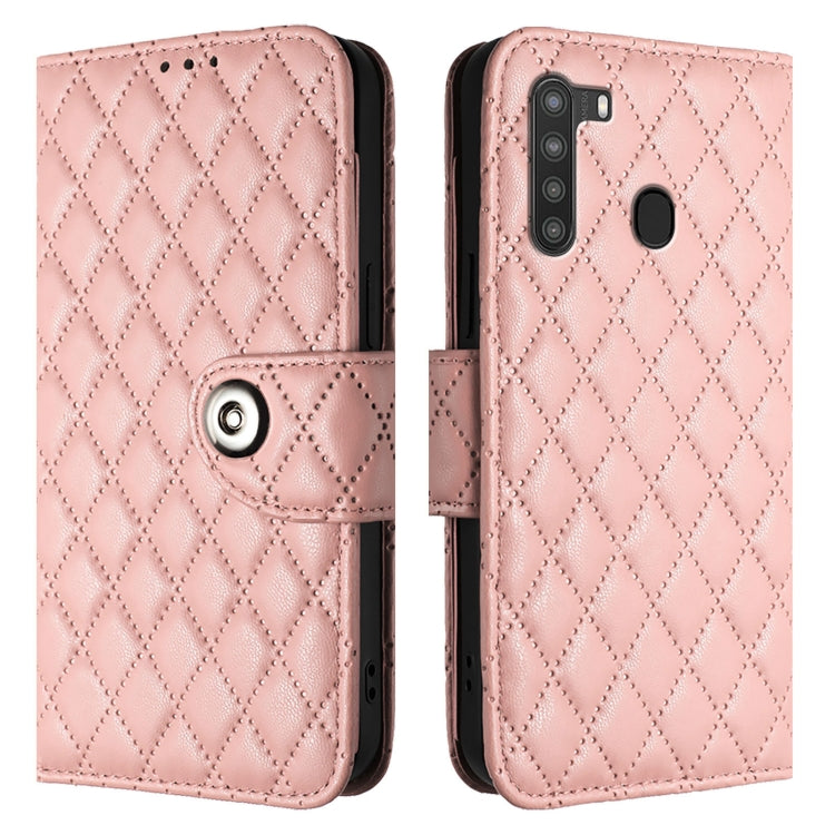 For Samsung Galaxy A21 EU Rhombic Texture Flip Leather Phone Case with Lanyard
