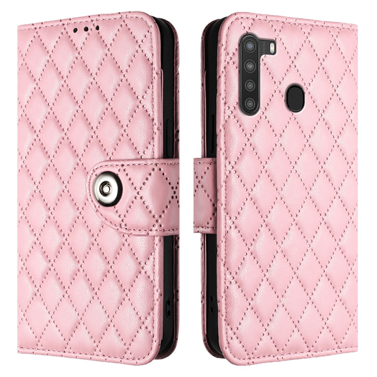 For Samsung Galaxy A21 EU Rhombic Texture Flip Leather Phone Case with Lanyard