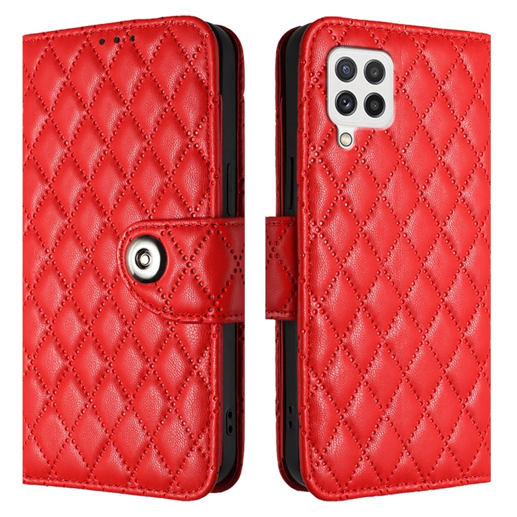 For Samsung Galaxy A22 4G Rhombic Texture Flip Leather Phone Case with Lanyard