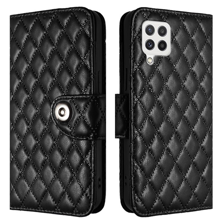 For Samsung Galaxy A22 4G Rhombic Texture Flip Leather Phone Case with Lanyard