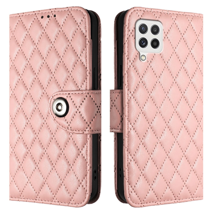 For Samsung Galaxy A22 4G Rhombic Texture Flip Leather Phone Case with Lanyard