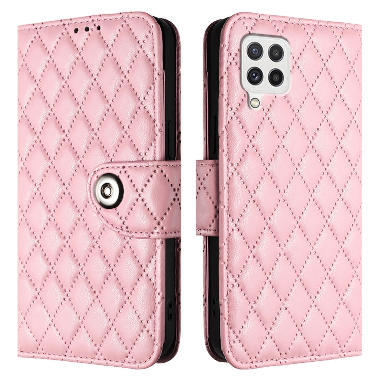 For Samsung Galaxy A22 4G Rhombic Texture Flip Leather Phone Case with Lanyard