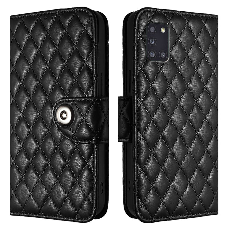 For Samsung Galaxy A31 Rhombic Texture Flip Leather Phone Case with Lanyard