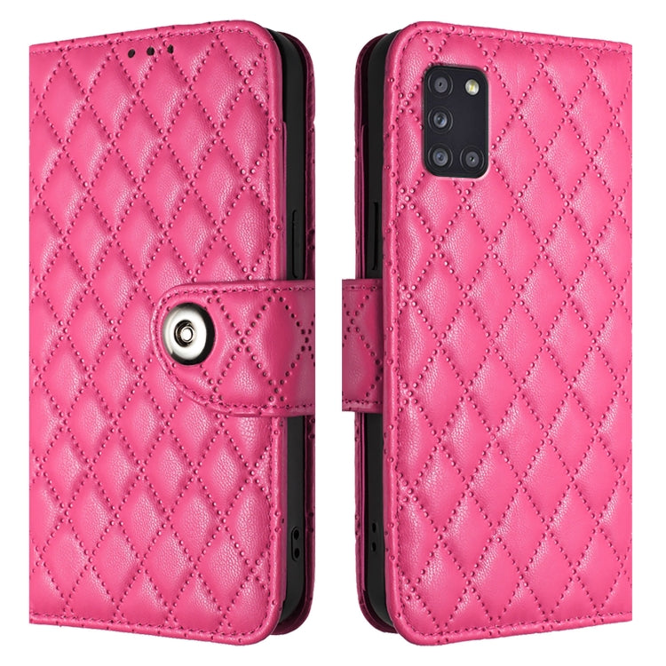 For Samsung Galaxy A31 Rhombic Texture Flip Leather Phone Case with Lanyard