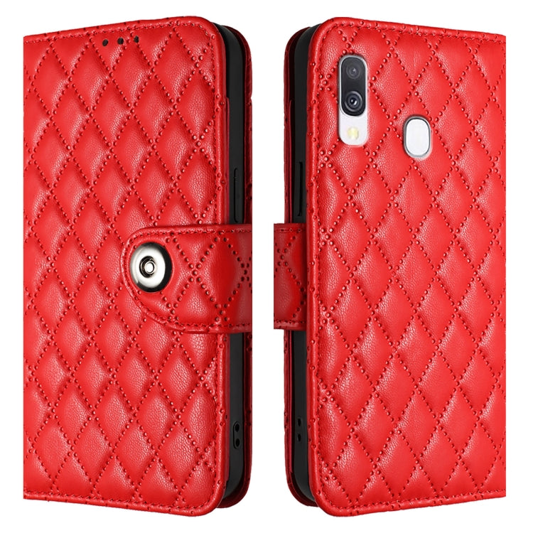 For Samsung Galaxy A40 Rhombic Texture Flip Leather Phone Case with Lanyard