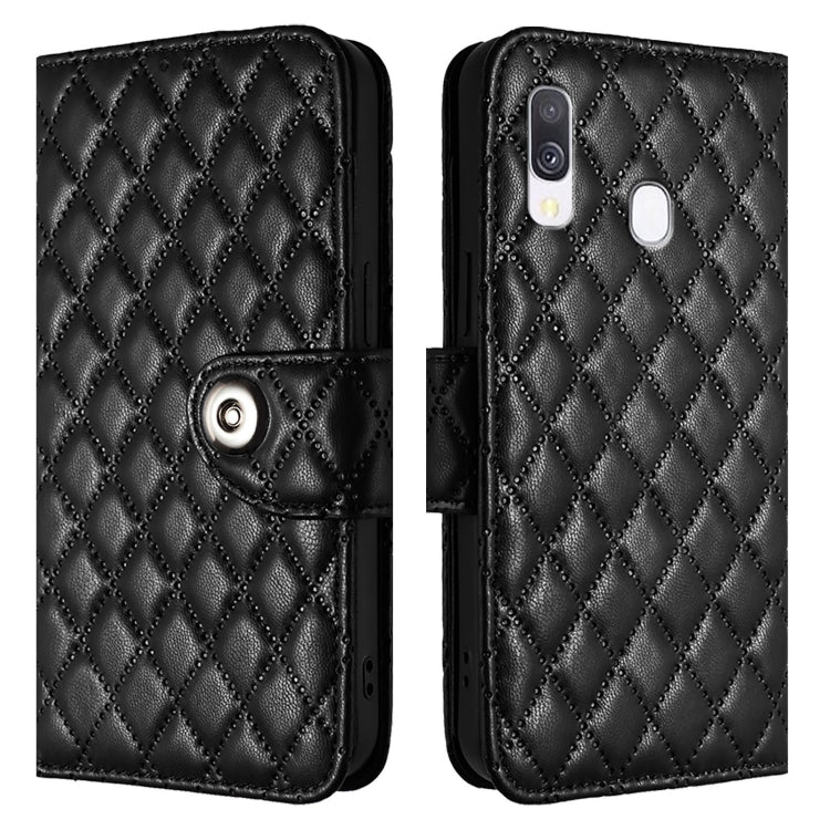 For Samsung Galaxy A40 Rhombic Texture Flip Leather Phone Case with Lanyard