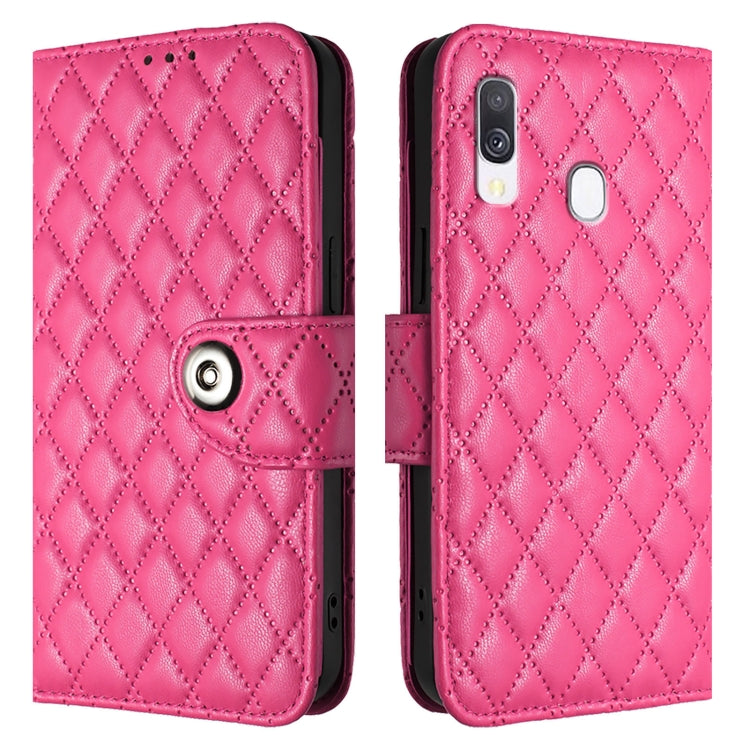For Samsung Galaxy A40 Rhombic Texture Flip Leather Phone Case with Lanyard