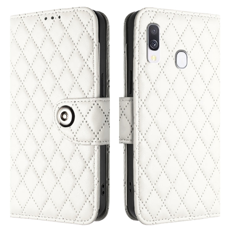 For Samsung Galaxy A40 Rhombic Texture Flip Leather Phone Case with Lanyard