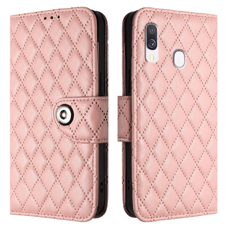 For Samsung Galaxy A40 Rhombic Texture Flip Leather Phone Case with Lanyard
