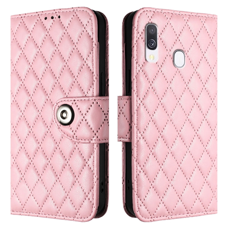 For Samsung Galaxy A40 Rhombic Texture Flip Leather Phone Case with Lanyard
