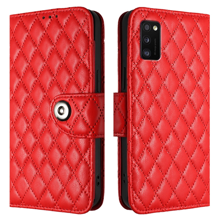 For Samsung Galaxy A41 Rhombic Texture Flip Leather Phone Case with Lanyard