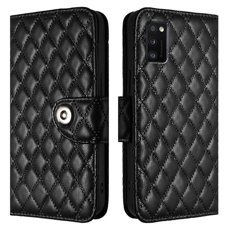For Samsung Galaxy A41 Rhombic Texture Flip Leather Phone Case with Lanyard