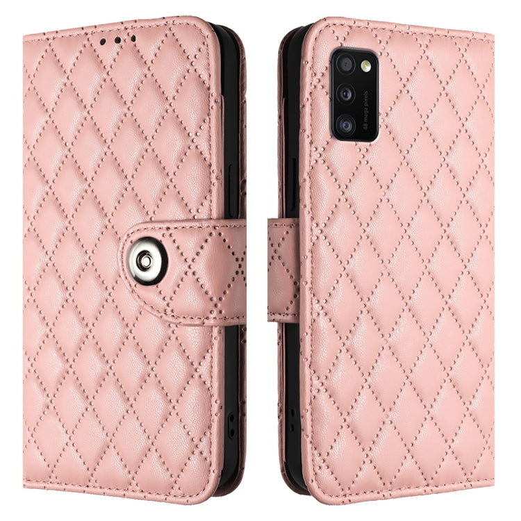For Samsung Galaxy A41 Rhombic Texture Flip Leather Phone Case with Lanyard