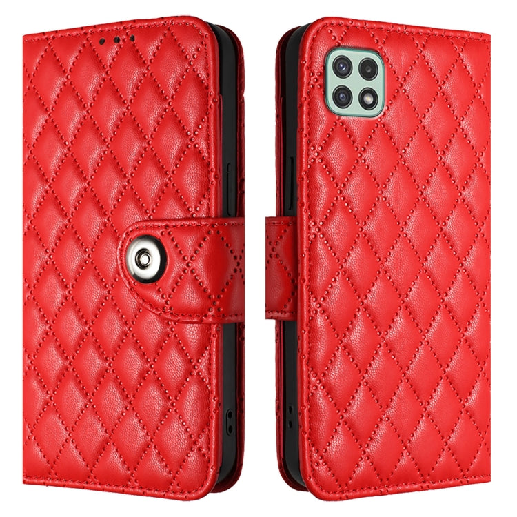 For Samsung Galaxy F42 5G Rhombic Texture Flip Leather Phone Case with Lanyard