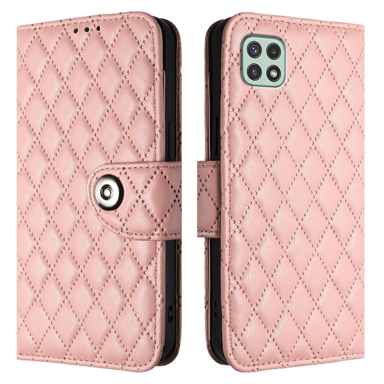 For Samsung Galaxy F42 5G Rhombic Texture Flip Leather Phone Case with Lanyard