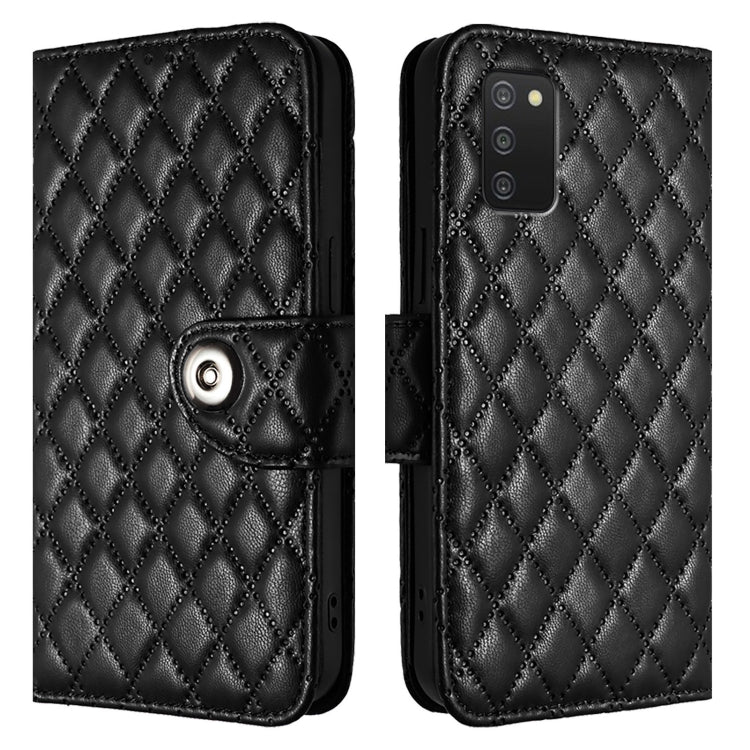 For Samsung Galaxy A03s 164mm Rhombic Texture Flip Leather Phone Case with Lanyard