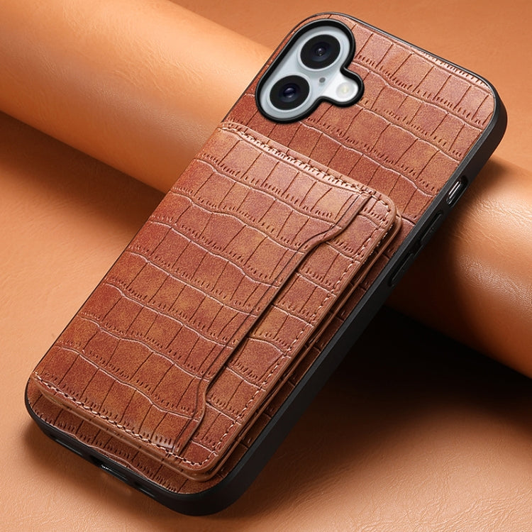 For iPhone 16 Crocodile Texture Card Bag Design Full Coverage Phone Case