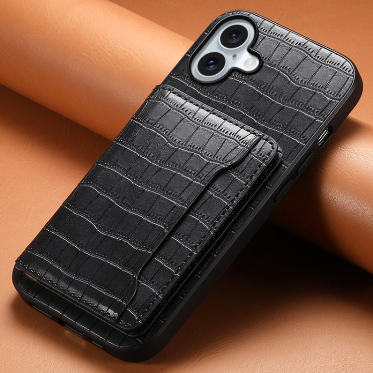For iPhone 16 Crocodile Texture Card Bag Design Full Coverage Phone Case
