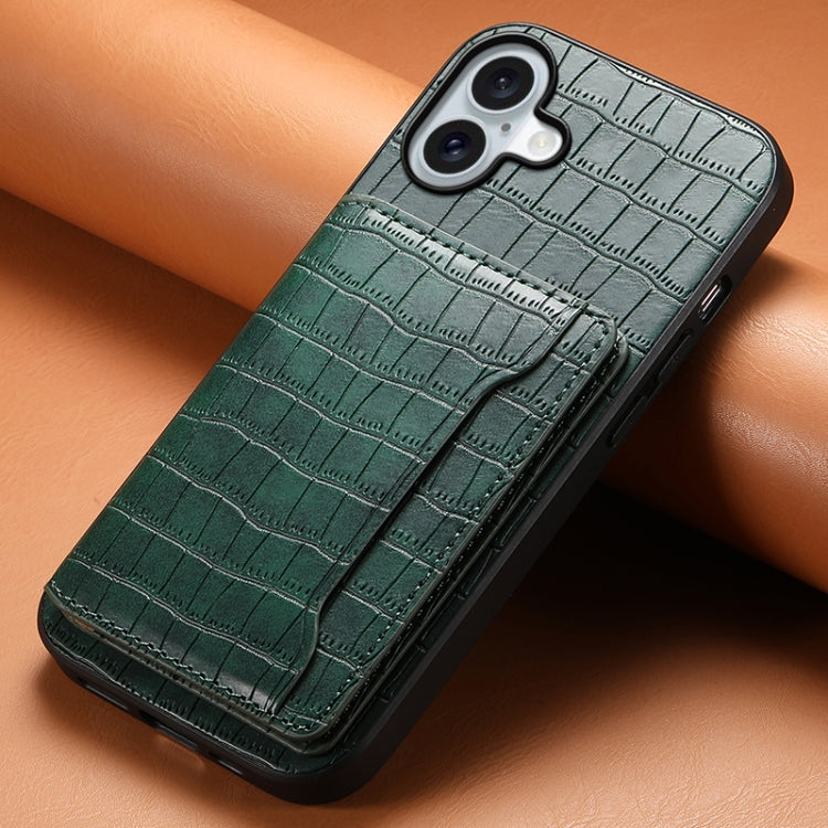 For iPhone 16 Crocodile Texture Card Bag Design Full Coverage Phone Case