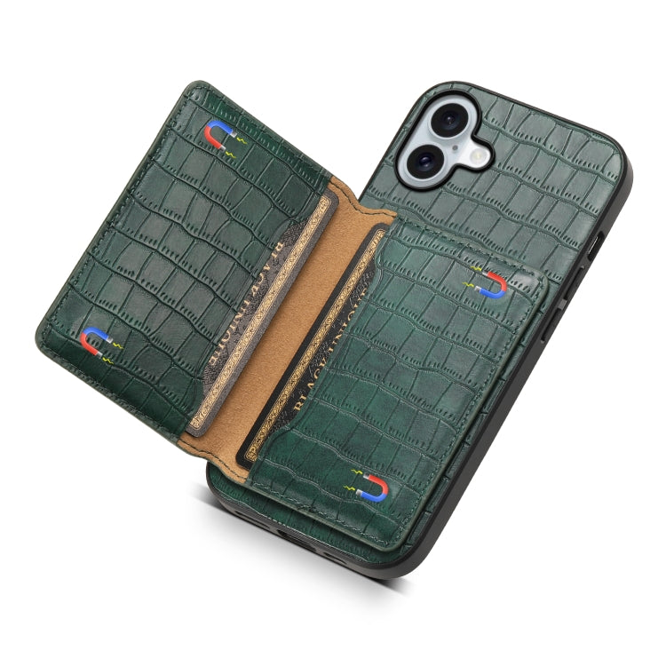 For iPhone 16 Crocodile Texture Card Bag Design Full Coverage Phone Case