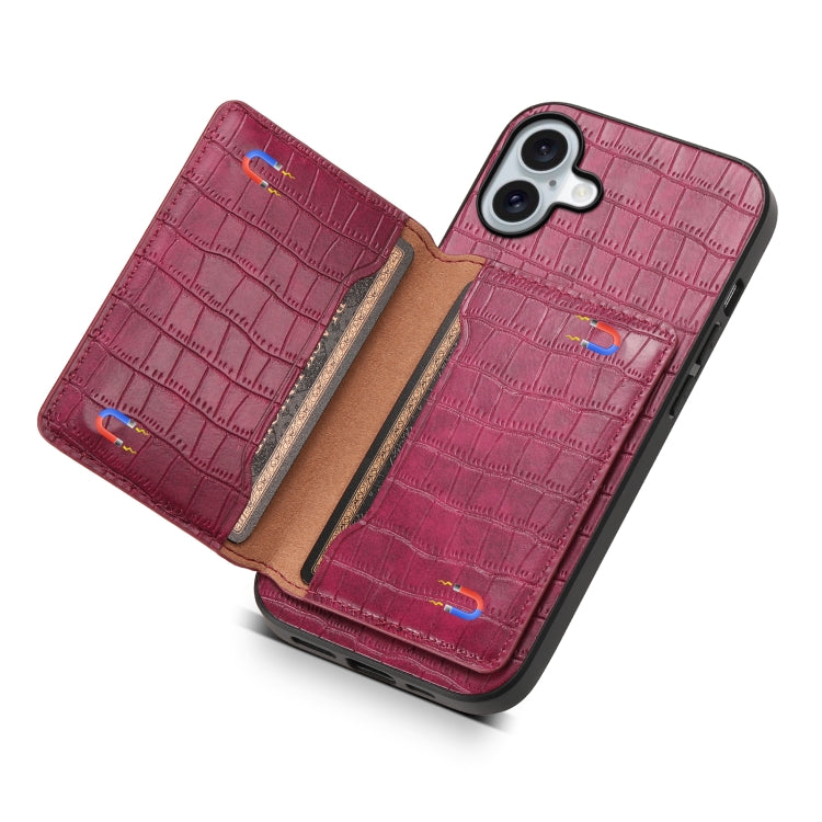 For iPhone 16 Crocodile Texture Card Bag Design Full Coverage Phone Case