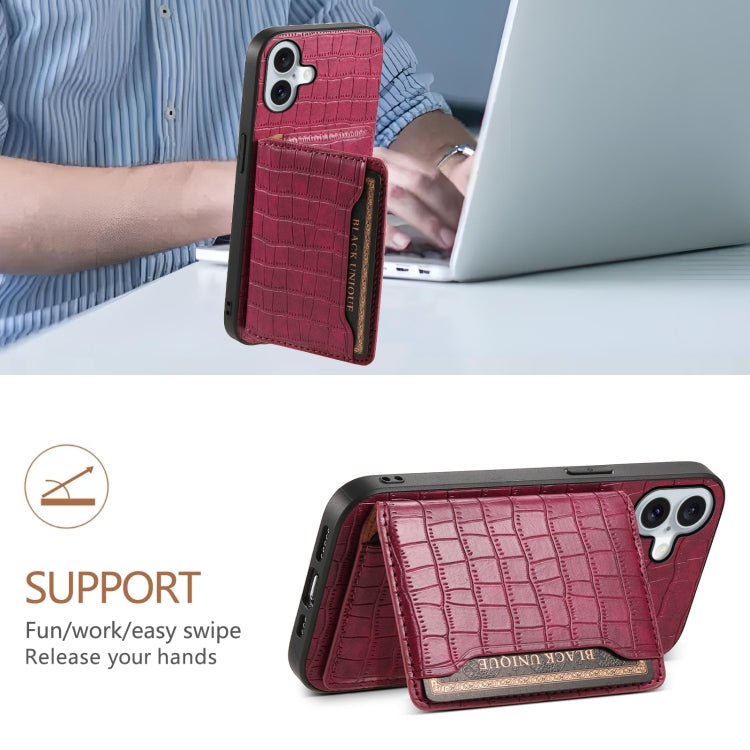 For iPhone 16 Crocodile Texture Card Bag Design Full Coverage Phone Case