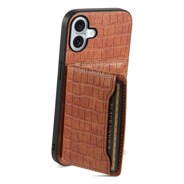 For iPhone 16 Plus Crocodile Texture Card Bag Design Full Coverage Phone Case