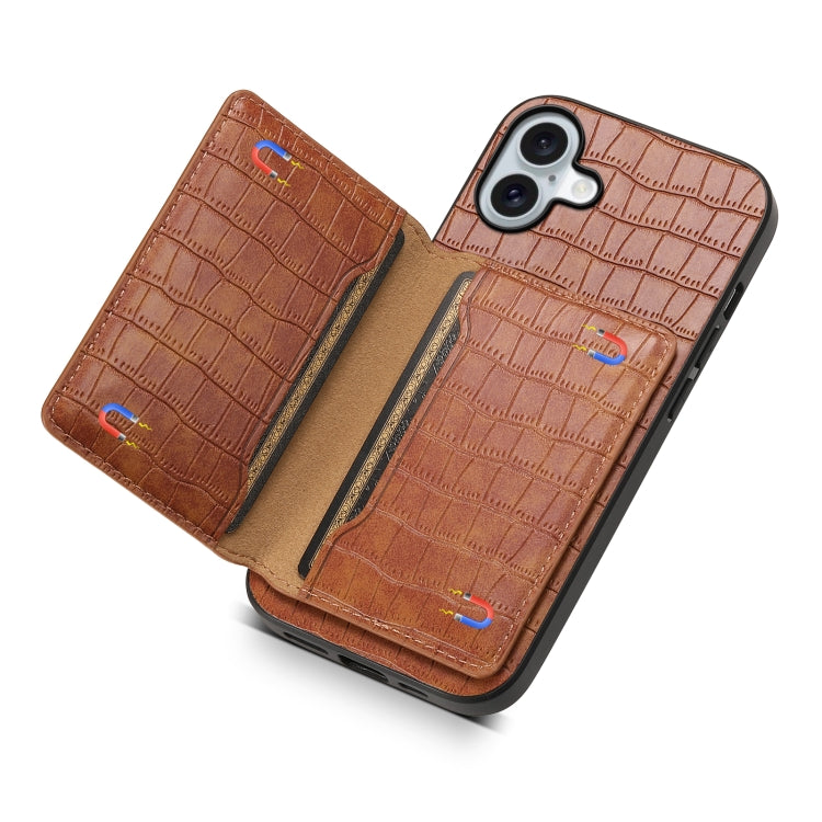 For iPhone 16 Plus Crocodile Texture Card Bag Design Full Coverage Phone Case