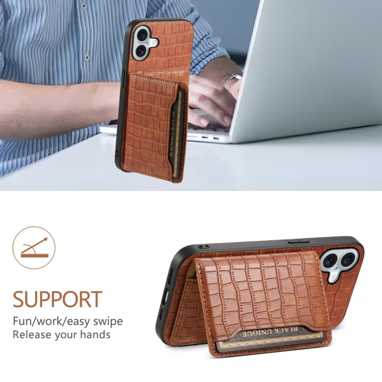 For iPhone 16 Plus Crocodile Texture Card Bag Design Full Coverage Phone Case