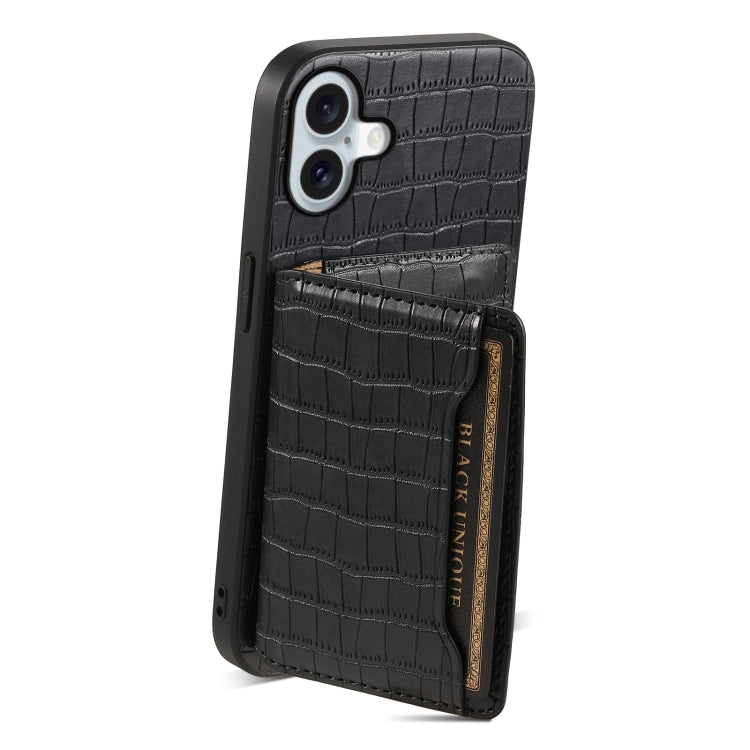 For iPhone 16 Plus Crocodile Texture Card Bag Design Full Coverage Phone Case