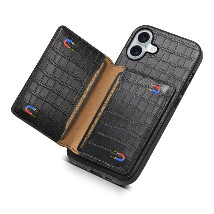 For iPhone 16 Plus Crocodile Texture Card Bag Design Full Coverage Phone Case
